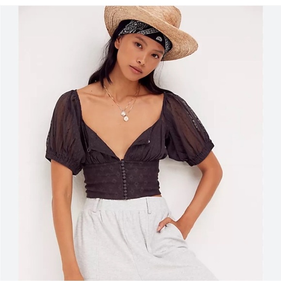 Free People Womens Elegant Brown Lace Top Size XS Boho Cropped - Picture 1 of 7
